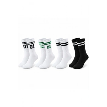Unisex Çorap Çizgili 4lü Set 07 Good Vibes Baskılı Siyah Beyaz Uzun Soket Spor Kolej Stil Rahat Şık
