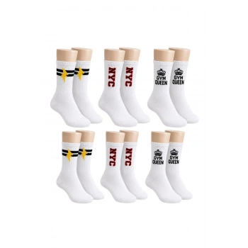 Kadın Spor Çorap Beyaz Yazılı 6lı Set Uzun Soket Pamuklu Dikişsiz Nefes Alan Spor Konforlu Çoraplar