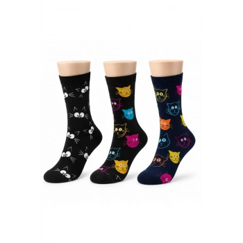 Unisex Kedi Desenli Çorap 3lü Set Pamuklu Renkli Uzun Soket Dikişsiz Nefes Alan Rahat Günlük Çorap