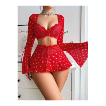 Özel Tasarım Kalp Desenli İspanyol Kol Mini Etekli Fantezi Takım - SSSSSS7624-9645