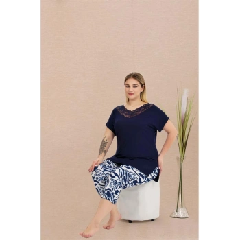 Arias Closet Büyük Beden Viskon Şık Tasarım Lacivert Dantel İşlemeli Desenli - SSSSSS3578-1