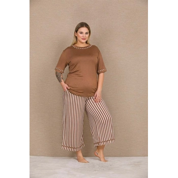 Arias Closet Büyük Beden Viskon Şık Tasarım Kahverengi Çizgili Kısa Kol Kapri - SSSSSS8365-9