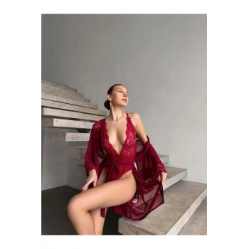 Şık Tasarım Bordo Dantel İşlemeli Body Suit ve Tül Gecelik Takımı - SSSSSS2902-2336