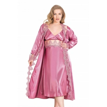 Premium Büyük Beden Gül Kurusu Uzun İkili Saten Sabahlık Gecelik Takımı - SSSSSS2448-2979