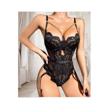 Şık Tasarım Siyah Dantel İşlemeli Zincir Detaylı Fantezi Body Jartiyer Takım? - SSSSSS3629-8