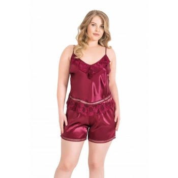 Büyük Beden Bordo Saten Babydoll Şort Takımı - SSSSSS6092-6350