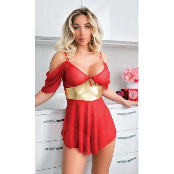 Sarı Kuşak Detaylı Fantezi Kırmızı Gecelik - SSSSSS6623-5607