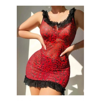 Sırt Dekolteli Kırmızı Leoparlı Gecelik - SSSSSS5204-4914