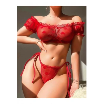 Kırmızı Transparan Fantezi Sütyen Külot Takım - SSSSSS7418-6857