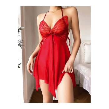 Kırmızı İşlemeli Tül Fantezi Gecelik - SSSSSS5054-8625