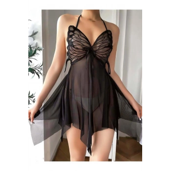 Siyah İşlemeli Tül Fantezi Gecelik - SSSSSS8666-5180