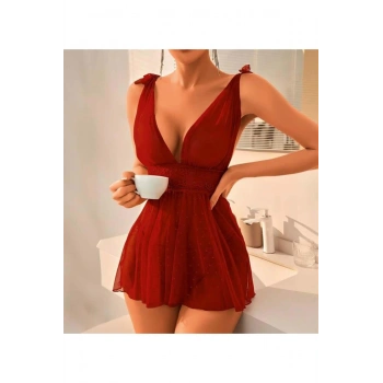 Bordo Dantel İşlemeli Puantiyeli Tül Fantezi Gecelik - SSSSSS2761-7099