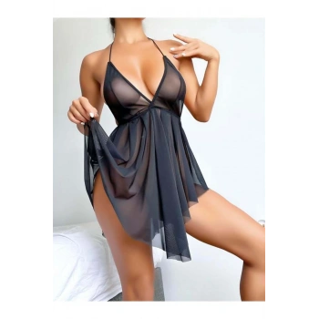 Siyah Şık Mini Fantezi Tül Gecelik - SSSSSS8303-7389