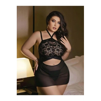Siyah Dantel İşlemeli Göğüs Dekolteli Boyundan Bağlamalı Fantezi String Tül - SSSSSS2349-5