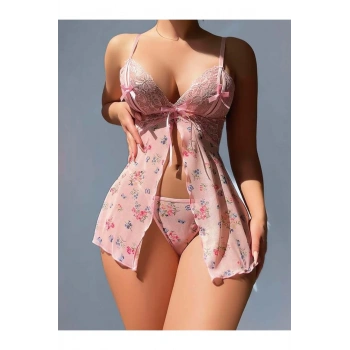 Pembe Dantel İşlemeli Çiçek Desenli Fantezi Gecelik - SSSSSS2724-7795