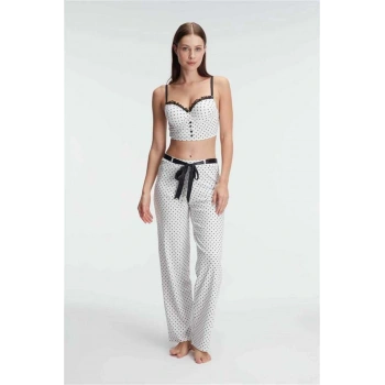 Fantezi Bralet Sütyen Pamuklu Puantiye Desenli Desteksiz Dantel Detaylı Pijama Tak - SSSSSS3594-1