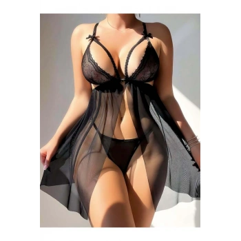 Siyah Göğüs Detaylı Yırtmaçlı Fantezi Tül Gecelik - SSSSSS2002-7607
