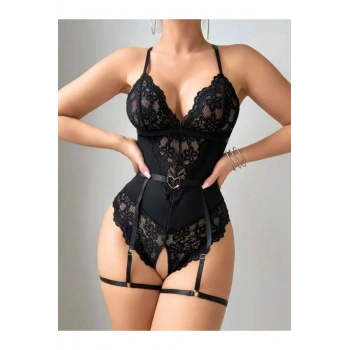 Siyah Özel Bölgesi Açık Dantel İşlemeli Jartiyer Görünümlü Fantezi Body - SSSSSS4338-8723