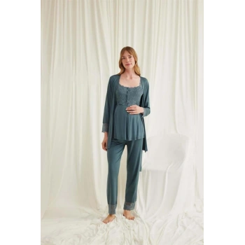 Dantelli Önü Düğmeli Hamile Lohusa 3lü Viskon Pijama Takımı - SSSSSS4129-9074
