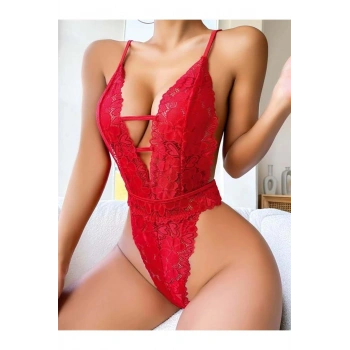 Kırmızı Dantel İşlemeli Göğüs Dekolteli Fantezi Body - SSSSSS2849-6672