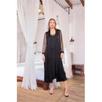 Dantelli Tüllü ve Dekolteli Saten Sabahlık Takımı - SSSSSS2291-5319