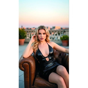 Sırt ve Göğüs Dekolteli Parlak Siyah Mini Deri Elbise - SSSSSS5517-9796
