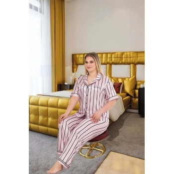 Büyük Beden Şık Tasarım Pembe Siyah Çizgili Düğmeli Kısa Kol Lüx Saten Pij - SSSSSS5202-5