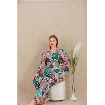 Büyük Beden Renkli Yaprak Desenli Düğmeli Uzun Kol Viskon Pijama Takımı - SSSSSS7078-8250