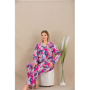 Büyük Beden Renkli Yaprak Desenli Düğmeli Uzun Kol Viskon Pijama Takımı - SSSSSS8920-5033
