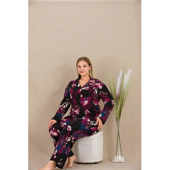 Büyük Beden Renkli Desenli Düğmeli Uzun Kol Viskon Pijama Takımı - SSSSSS1004-6100