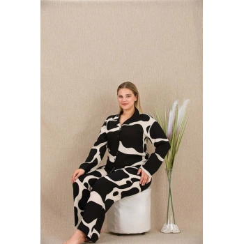 Büyük Beden Siyah Beyaz Desenli Düğmeli Uzun Kol Viskon Pijama Takımı - SSSSSS1144-8757
