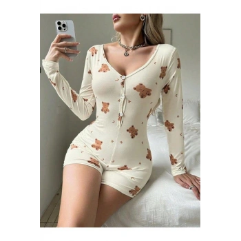 Pamuklu Ekru Ayıcık Desenli Düğmeli Tulum Pijama - SSSSSS4299-2142