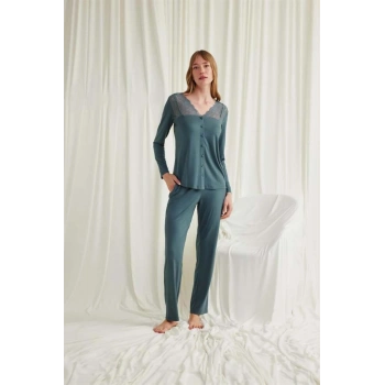 Yakası Omzu ve Paçası Dantelli Boydan Düğmeli Pijama Takımı - SSSSSS1946-6216
