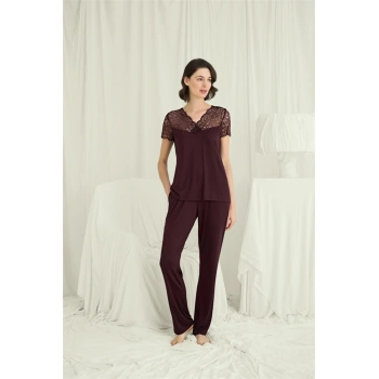 Kısa Kollu ve Dantelli V Yaka Pijama Takımı - SSSSSS4212-3123