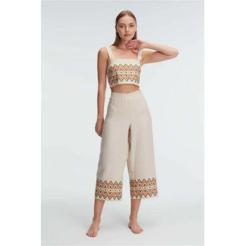 Askılı Oyuk U Yaka Geometrik Yazlık Uzun Nakış Detaylı Pijama Takımı - SSSSSS7652-4718