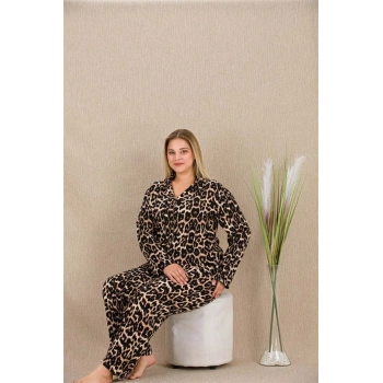 Büyük Beden Leopar Desenli Düğmeli Uzun Kol Viskon Pijama Takımı - SSSSSS4520-3464