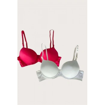 Kırmızı-Beyaz 2li Mikro Kumaş Push Up Dolgulu Balenli Günlük Destekli Sütyen - SSSSSS5050-9