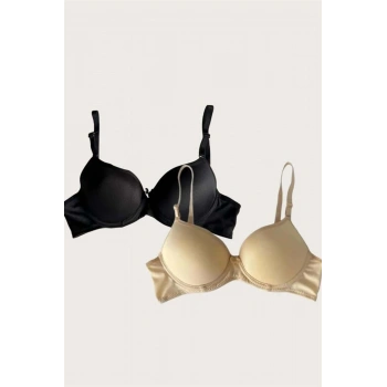 Siyah-Ten 2li Mikro Kumaş Push Up Dolgulu Balenli Günlük Destekli Sütyen - SSSSSS8473-3843