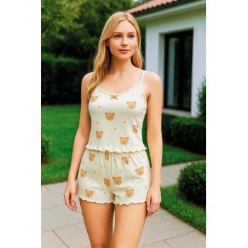 Pamuklu Ayıcık Desenli Yıldızlı Krem İnce Askılı Şortlu Pijama Takımı - SSSSSS2574-1868