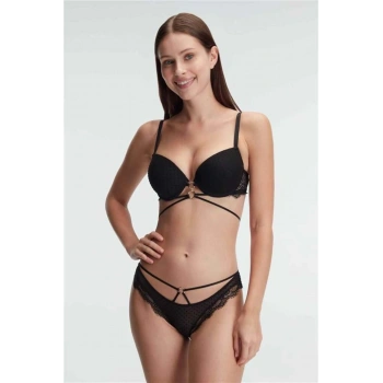Balenli Destekli Dolgulu Göbek Detaylı Puantiyeli Dantelli Sütyen ve Slip Takım - SSSSSS3243-30