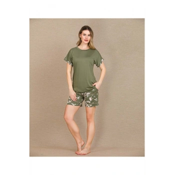 Şık Tasarım Çiçek Desenli Yeşil Şortlu Kısa Kol Viskon Pijama Takımı - SSSSSS7881-5211