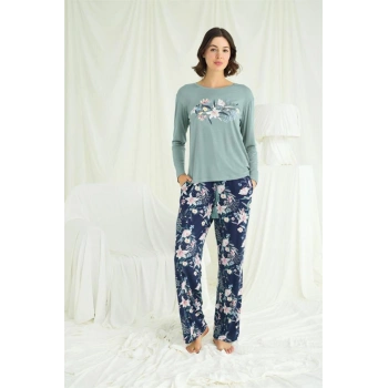 Çiçek ve Yaprak Desenli Baskılı Pijama Takımı - SSSSSS8355-5736