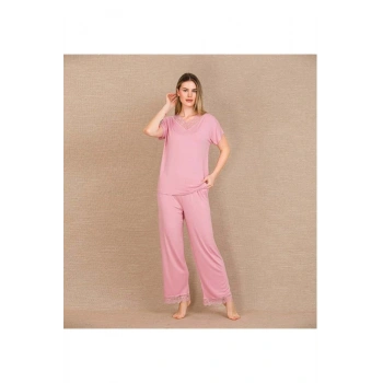 Viskon Şık Tasarım Dantel İşlemeli Pembe Kısa Kol Pijama Takımı - SSSSSS2390-9549