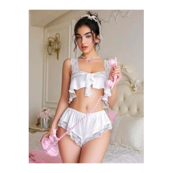 Beyaz Dantel İşlemeli Sütyenli Saten Şortlu Takım - SSSSSS3397-9989