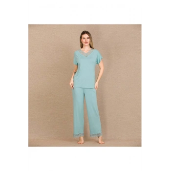 Viskon Şık Tasarım Dantel İşlemeli Mint Yeşil Kısa Kol Pijama Takımı - SSSSSS6431-4655