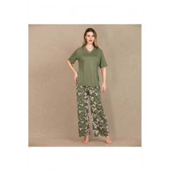 Şık Tasarım Çiçek Desenli Yeşil Kısa Kol Viskon Pijama Takımı - SSSSSS8717-8104