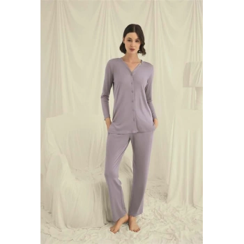 Uzun Kollu Boydan Düğmeli V Yaka Pijama Takımı - SSSSSS2177-6217