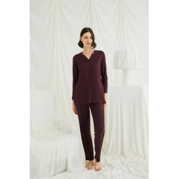 Uzun Kollu Boydan Düğmeli V Yaka Pijama Takımı - SSSSSS2610-7845