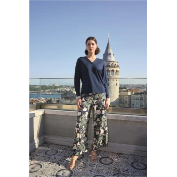 Yaprak Desenli Uzun Kollu V Yaka Pijama Takımı - SSSSSS6737-3545