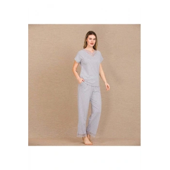 Viskon Şık Tasarım Dantel İşlemeli Gri Kısa Kol Pijama Takımı - SSSSSS5779-7010